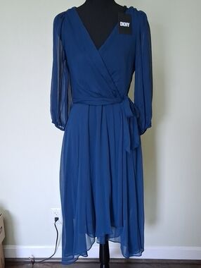 DKNY Womens Half Balloon Sleeve Faux Wrap Midi Dress Chiffon High-Low Deep Ocean
